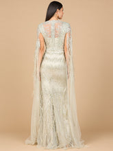 Load image into Gallery viewer, V-Neck Gown with Long Cape Sleeves and Feathers