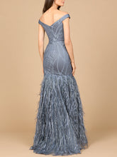 Load image into Gallery viewer, Off Shoulder Mermaid Beaded Gown with Feathers
