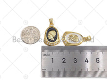 Load image into Gallery viewer, CZ Pave Black/White Enamel Medallion Lady Pendant Charm, Gold Oval Coin Charm, Greek Coin Medallion, sku#LK02