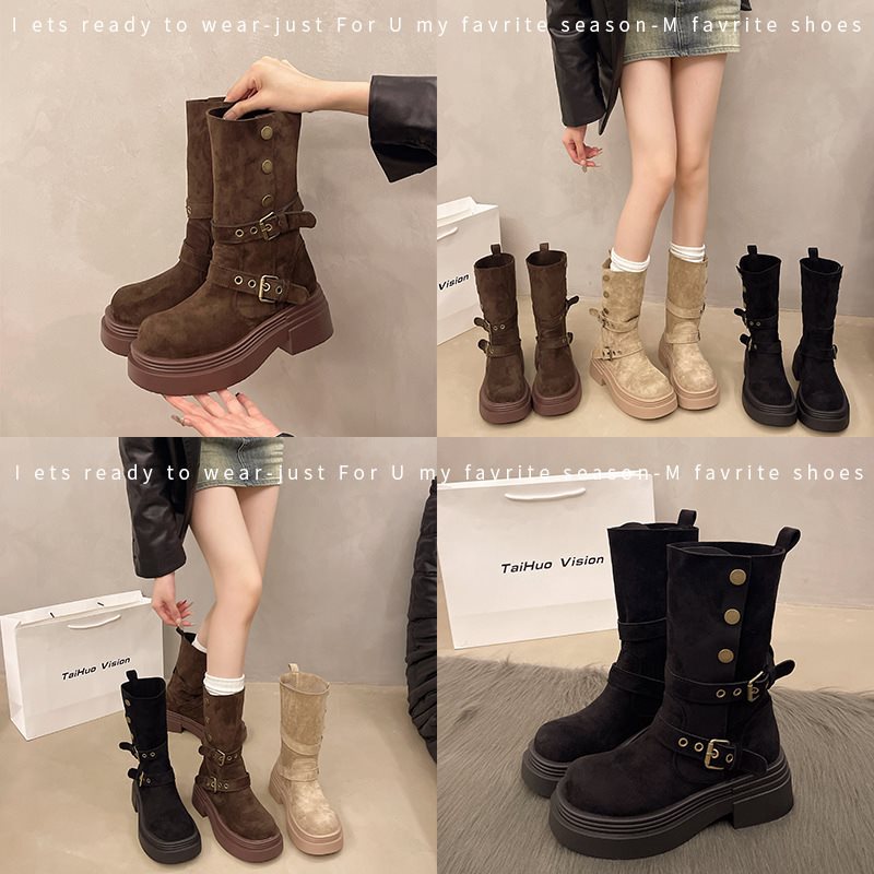 Women's Matte Suede Block Heel Boots – British Style Mid-Calf Slip-On with Thick Non-Slip Sole