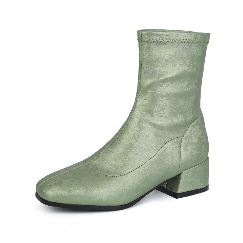Women's Floral Embroidered Chunky Heel Booties | Retro Square Toe Slip-On Ankle Boots
