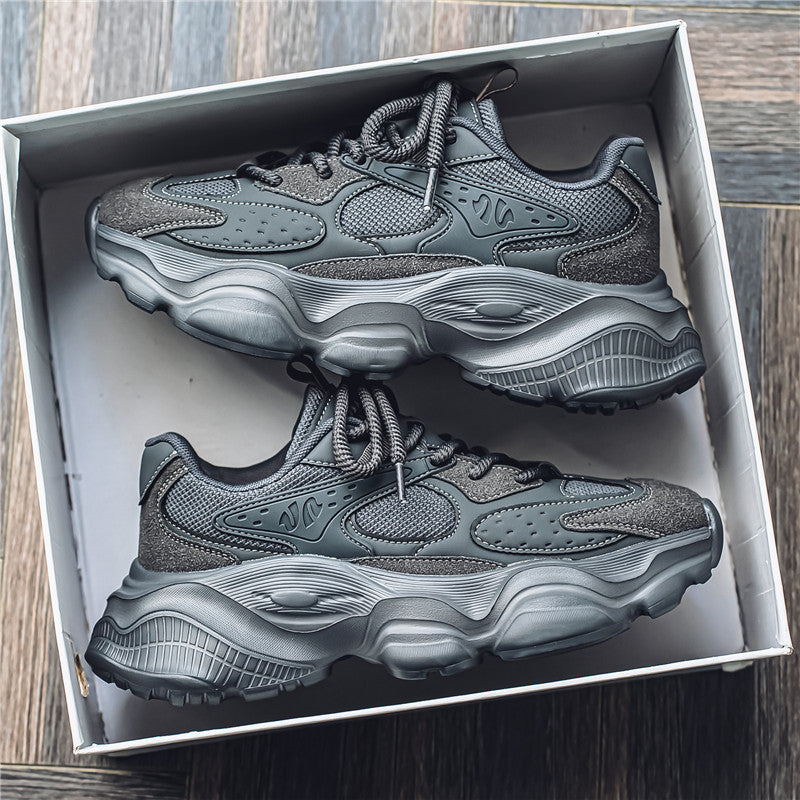 Men's Chunky Soled Dad Sneakers | Mesh Upper Lace-Up Athletic Shoes | Beige Black Gray