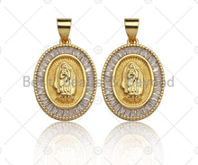 Load image into Gallery viewer, 18K Gold Virgin Mary On Oval Emblem Shape Pendant, Oval Charm, Virgin Mary Pave Pendant, Dainty Gold Charm,21x15mm, Sku#F1155