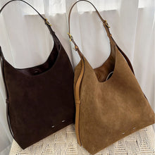 Load image into Gallery viewer, Women's Suede Bucket Shoulder Bag – Genuine Leather Drop-Ear Handbag with Patchwork Detail