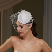 Load image into Gallery viewer, Elegant  Bridal Fascinator with Birdcage Veil, Pearls &amp; Feathers