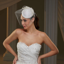 Load image into Gallery viewer, Elegant  Bridal Fascinator with Birdcage Veil, Pearls &amp; Feathers