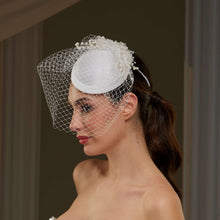 Load image into Gallery viewer, Elegant  Bridal Fascinator with Birdcage Veil, Pearls &amp; Feathers