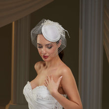 Load image into Gallery viewer, Elegant  Bridal Fascinator with Birdcage Veil, Pearls &amp; Feathers