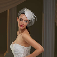 Load image into Gallery viewer, Elegant  Bridal Fascinator with Birdcage Veil, Pearls &amp; Feathers