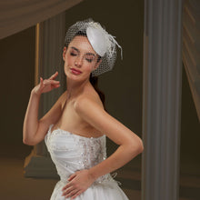 Load image into Gallery viewer, Elegant  Bridal Fascinator with Birdcage Veil, Pearls &amp; Feathers
