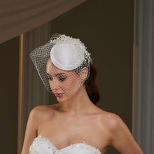 Load image into Gallery viewer, Elegant  Bridal Fascinator with Birdcage Veil, Pearls &amp; Feathers