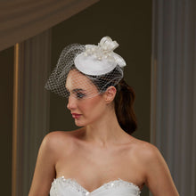 Load image into Gallery viewer, Handcrafted Bridal Fascinator with Ribbon Accents, Pearls &amp; Birdcage Veil