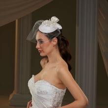 Load image into Gallery viewer, Handcrafted Bridal Fascinator with Ribbon Accents, Pearls &amp; Birdcage Veil