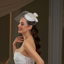 Load image into Gallery viewer, Handcrafted Bridal Fascinator with Ribbon Accents, Pearls &amp; Birdcage Veil
