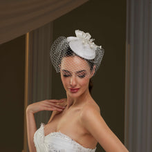 Load image into Gallery viewer, Handcrafted Bridal Fascinator with Ribbon Accents, Pearls &amp; Birdcage Veil