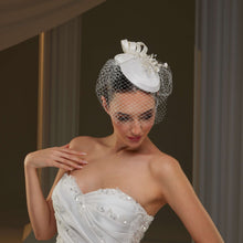 Load image into Gallery viewer, Handcrafted Bridal Fascinator with Ribbon Accents, Pearls &amp; Birdcage Veil