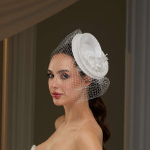 Load image into Gallery viewer, Bridal Fascinator with Floral Accents, Pearls &amp; Birdcage Veil