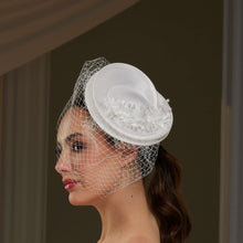 Load image into Gallery viewer, Bridal Fascinator with Floral Accents, Pearls &amp; Birdcage Veil