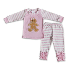 Load image into Gallery viewer, Pink gingerbread embroidery stripe girls Christmas pajamas