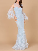 Load image into Gallery viewer, Cold Shoulder Mermaid Lace Gown with Feathers - OUTLET