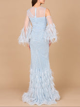 Load image into Gallery viewer, Cold Shoulder Mermaid Lace Gown with Feathers - OUTLET