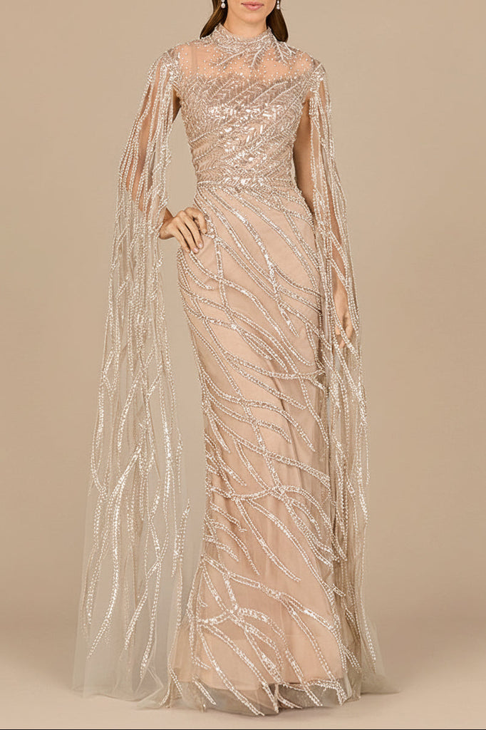 High Neck Gown with Long Cape Sleeves
