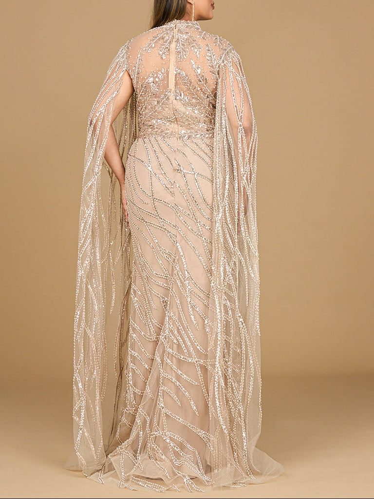 High Neck Gown with Long Cape Sleeves