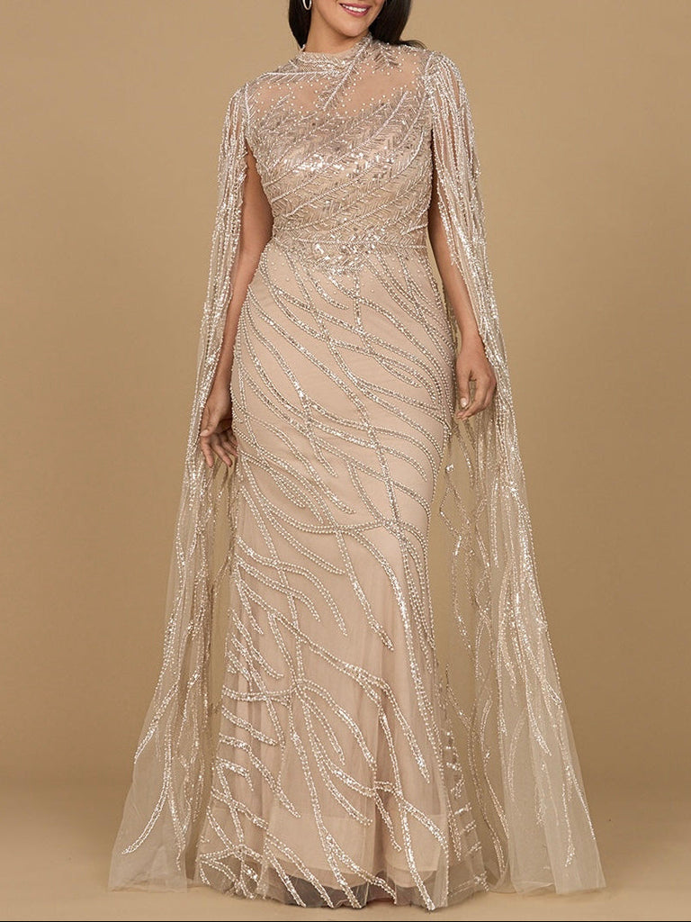 High Neck Gown with Long Cape Sleeves