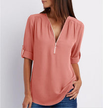 Load image into Gallery viewer, Women's Short-Sleeve Zip V-Neck Loose Top