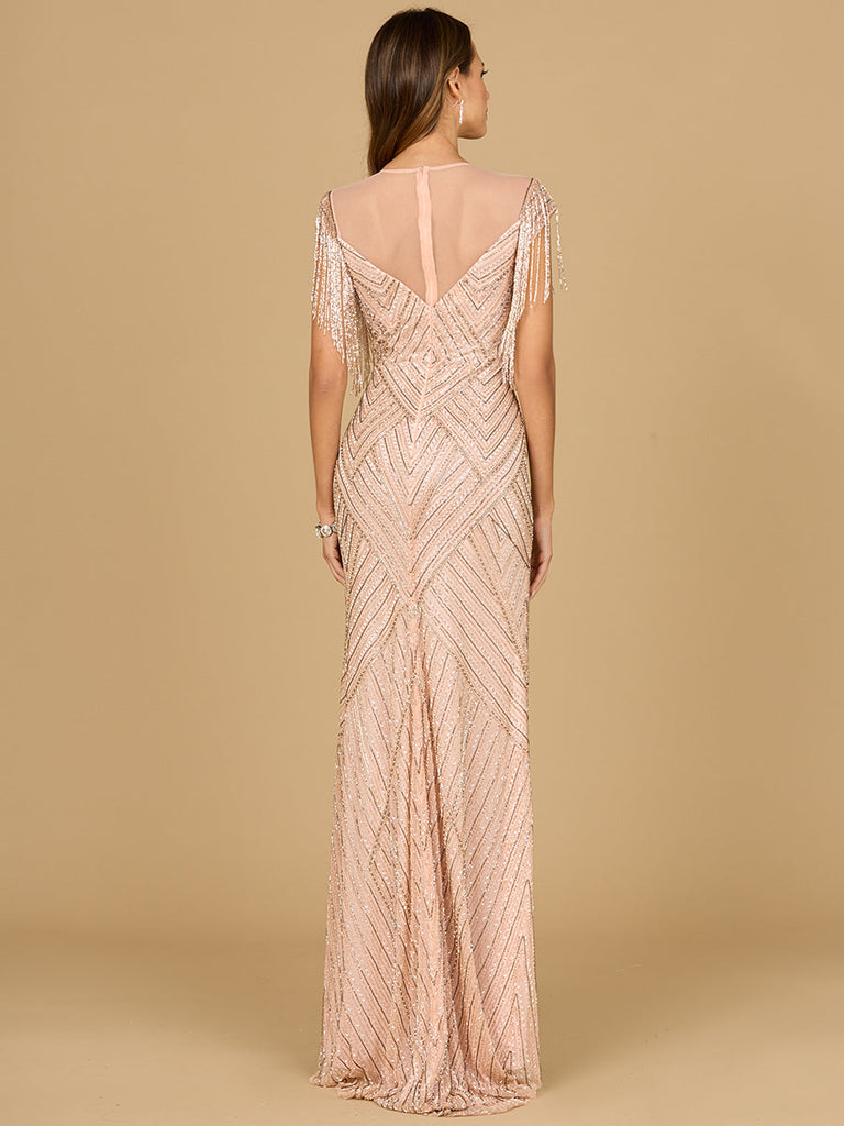 Beaded Fringe Illusion Dress with Cap Sleeves