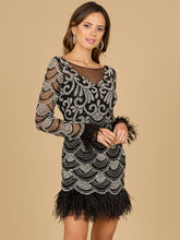 Load image into Gallery viewer, Beaded Short Dress with Feathers and Sleeves