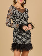 Load image into Gallery viewer, Beaded Short Dress with Feathers and Sleeves