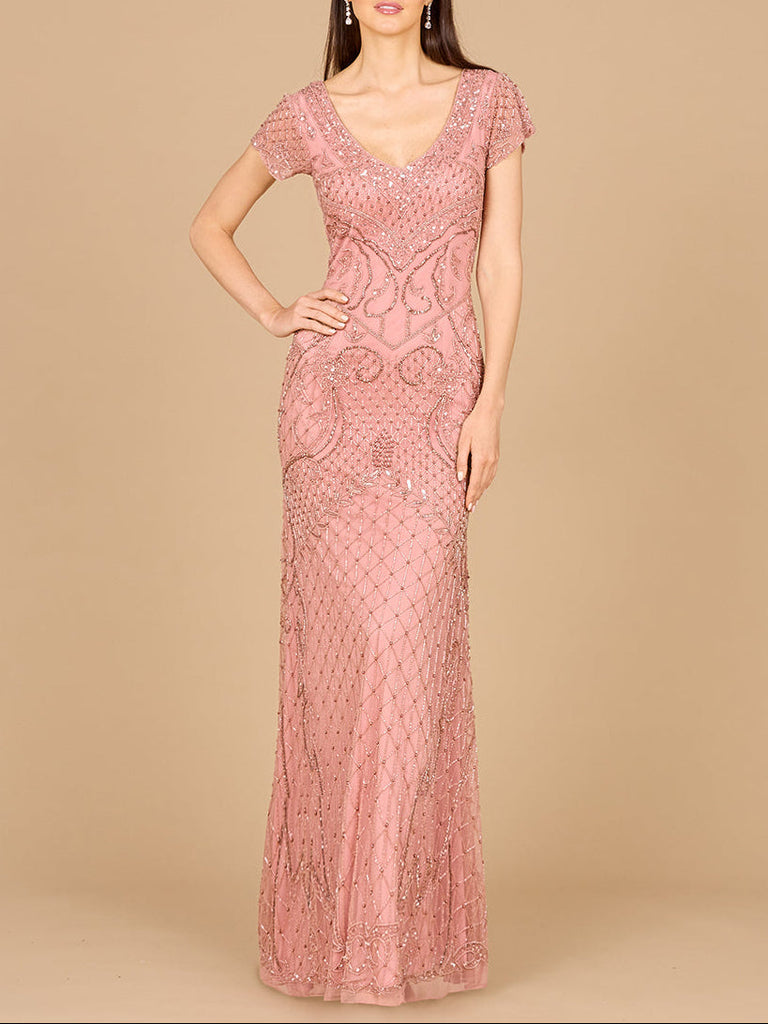 Beaded Cap Sleeve Gown With V-Neckline - OUTLET