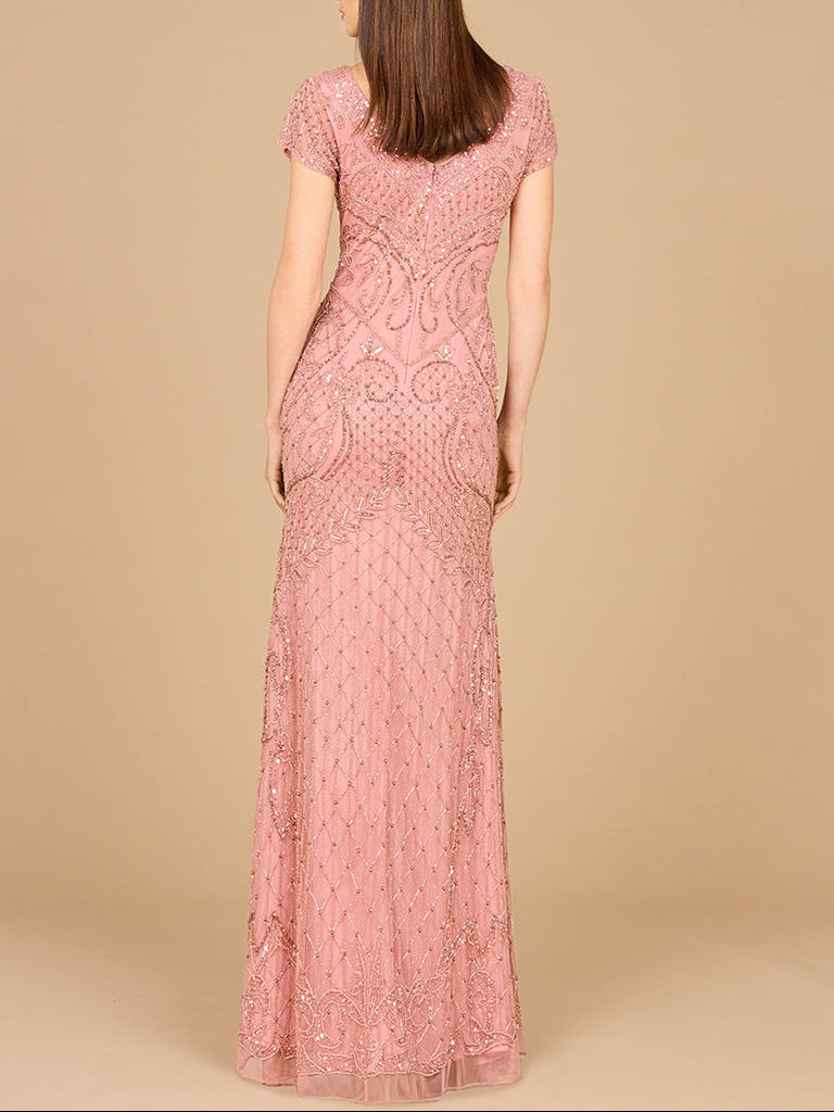 Beaded Cap Sleeve Gown With V-Neckline - OUTLET