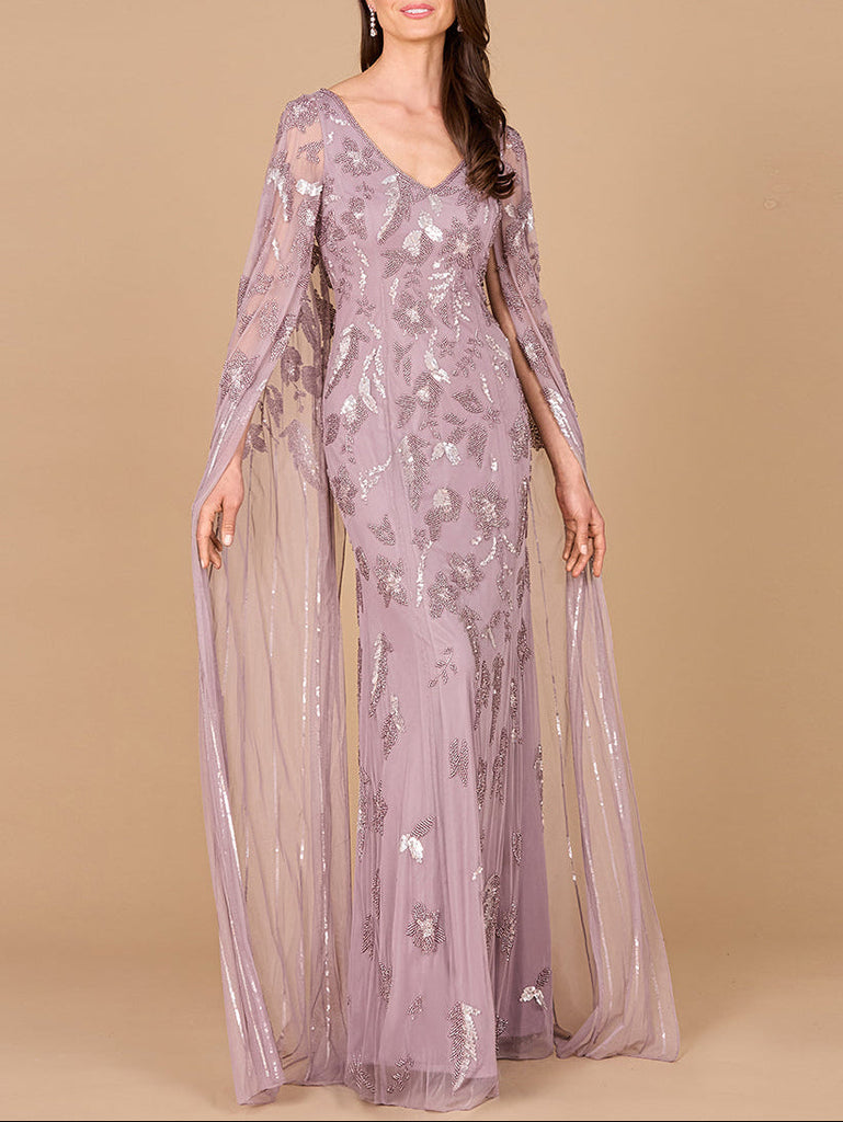 Beaded Sheath Dress with Long Cape