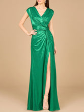 Load image into Gallery viewer, V-Neck Metallic Dress with Slit - OUTLET