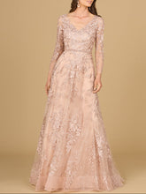 Load image into Gallery viewer, Long Sleeve V-Neck Lace Gown with Beaded Belt