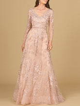 Load image into Gallery viewer, Long Sleeve V-Neck Lace Gown with Beaded Belt
