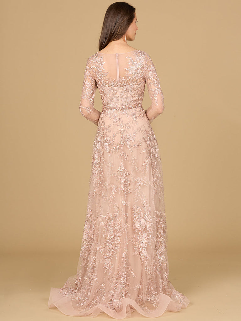 Long Sleeve V-Neck Lace Gown with Beaded Belt