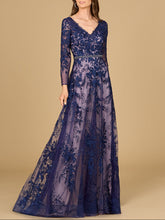 Load image into Gallery viewer, Long Sleeve V-Neck Lace Gown with Beaded Belt