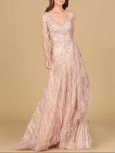 Load image into Gallery viewer, Long Sleeve V-Neck Lace Gown with Feathers