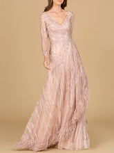 Load image into Gallery viewer, Long Sleeve V-Neck Lace Gown with Feathers