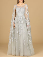 Load image into Gallery viewer, Lace Embroidered Gown with Long Cape Sleeves