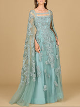 Load image into Gallery viewer, Lace Embroidered Gown with Long Cape Sleeves