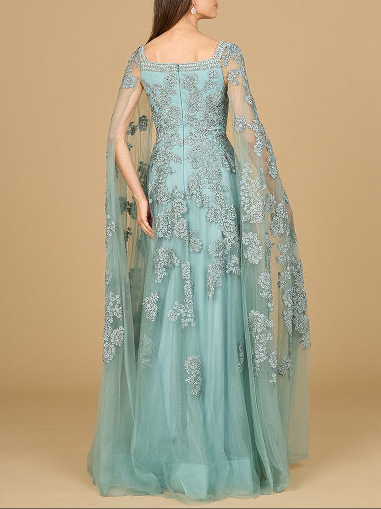 Lace Embroidered Gown with Long Cape Sleeves