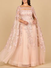 Load image into Gallery viewer, Lace Embroidered Gown with Long Cape Sleeves