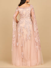Load image into Gallery viewer, Lace Embroidered Gown with Long Cape Sleeves