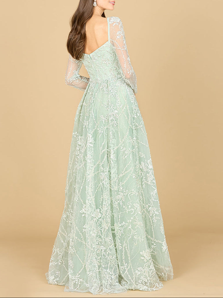 Long Sleeve Beaded Lace Gown