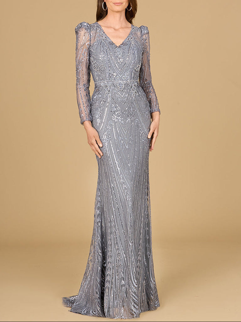 Long Sleeve Sheath Gown with Juliet Sleeves
