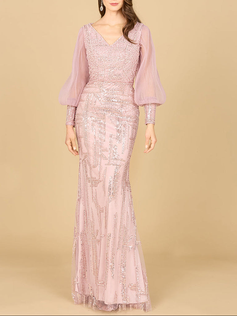Long Sleeve Lace Gown with Removable Over Skirt